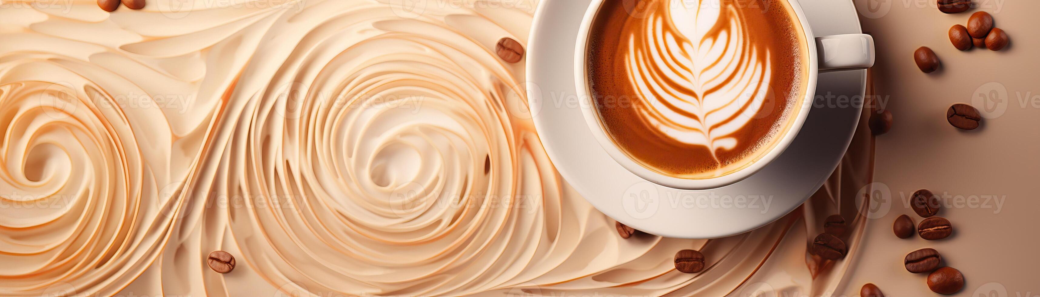 Cappuccino with tulip latte art on a table with coffee beans. photo