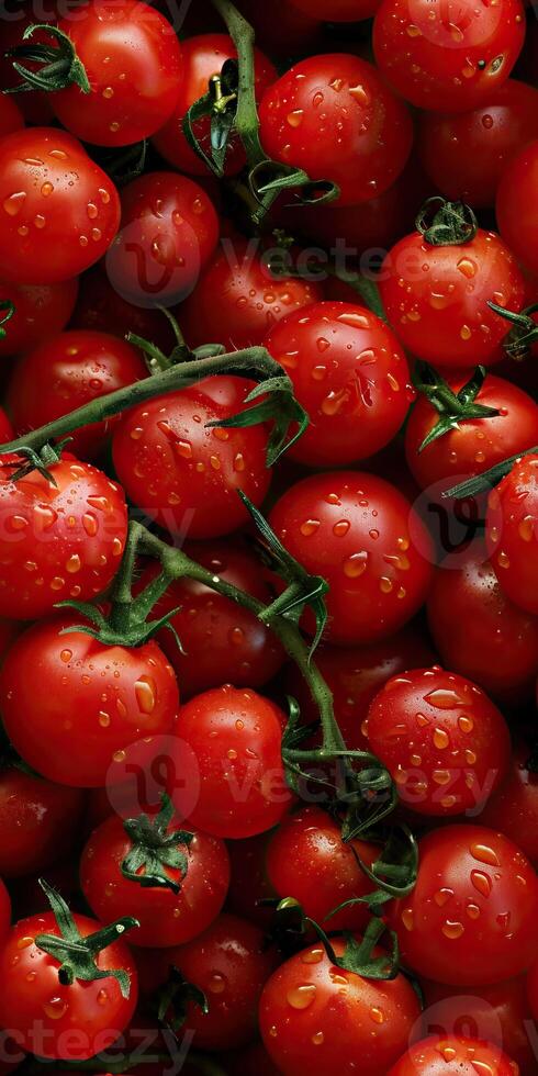 A close-up image of a bunch of ripe red cherry tomatoes, with water droplets on the surface. photo