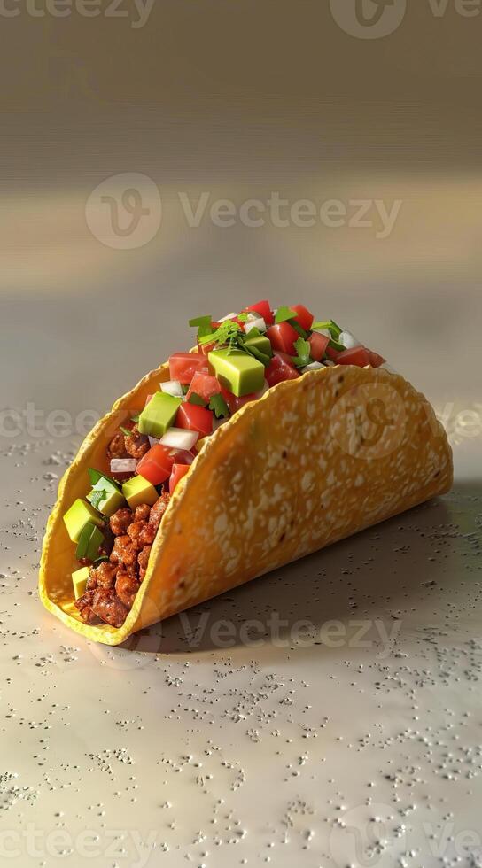 Crunchy taco with seasoned beef, lettuce, cheddar cheese, diced tomatoes and reduced-fat sour cream in a crispy corn shell. photo