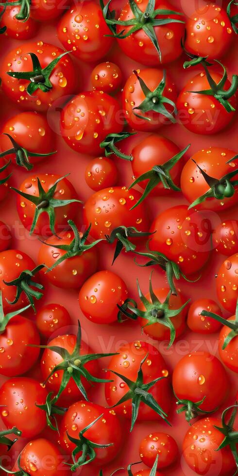 A close-up image of a bunch of fresh, ripe tomatoes with water drops on their surface. photo