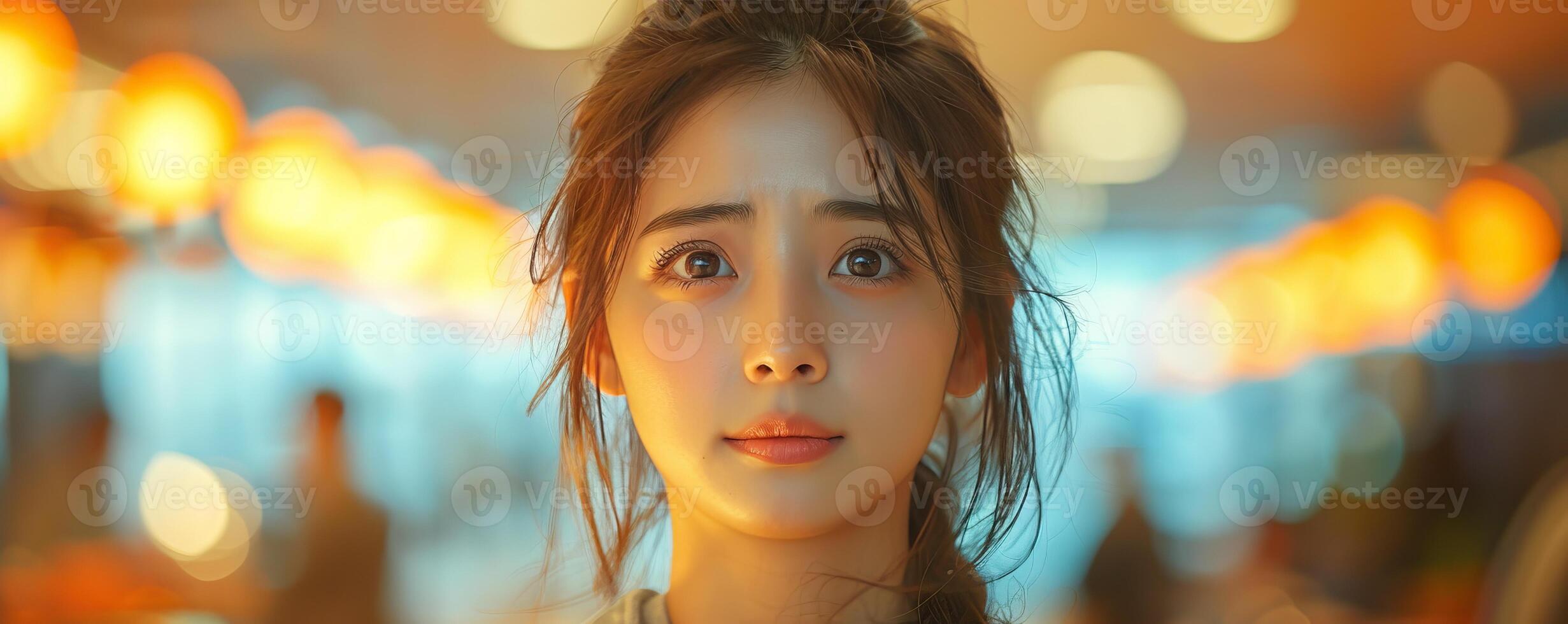 A photo of a beautiful young woman looking at the camera with a surprised expression on her face.