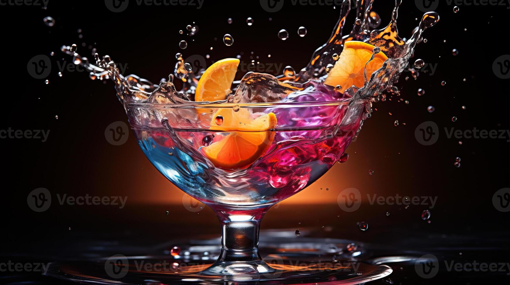 A martini glass with a blue and purple liquid. Two orange slices are falling into the glass and splashing the liquid. photo