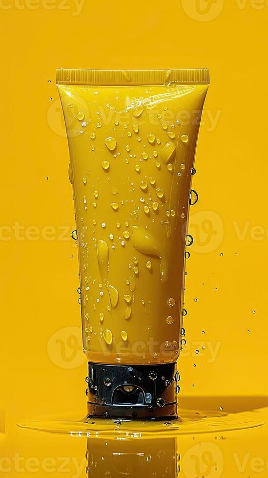 A yellow tube of lotion with a black cap is sitting on a reflective surface. Water droplets are falling on and splashing off of the tube. photo