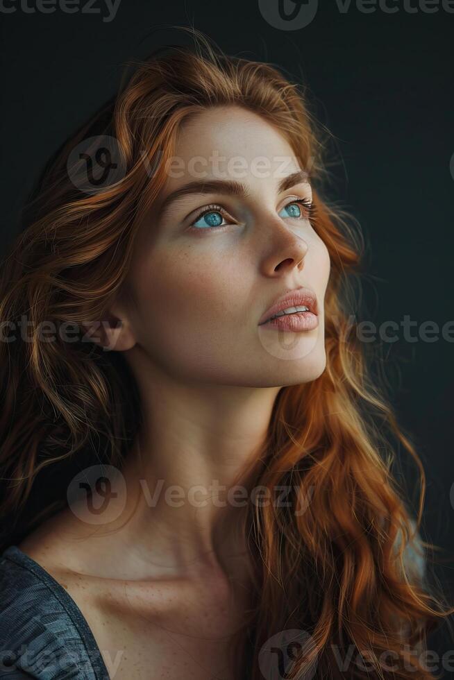 A beautiful redhead woman with blue eyes is looking up at something off camera. photo