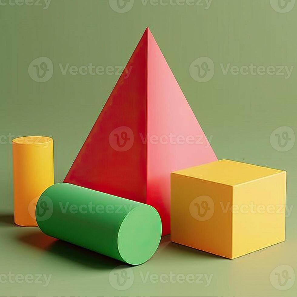 3D shapes, including a red pyramid, a green cylinder, a yellow cube, and a yellow cylinder photo