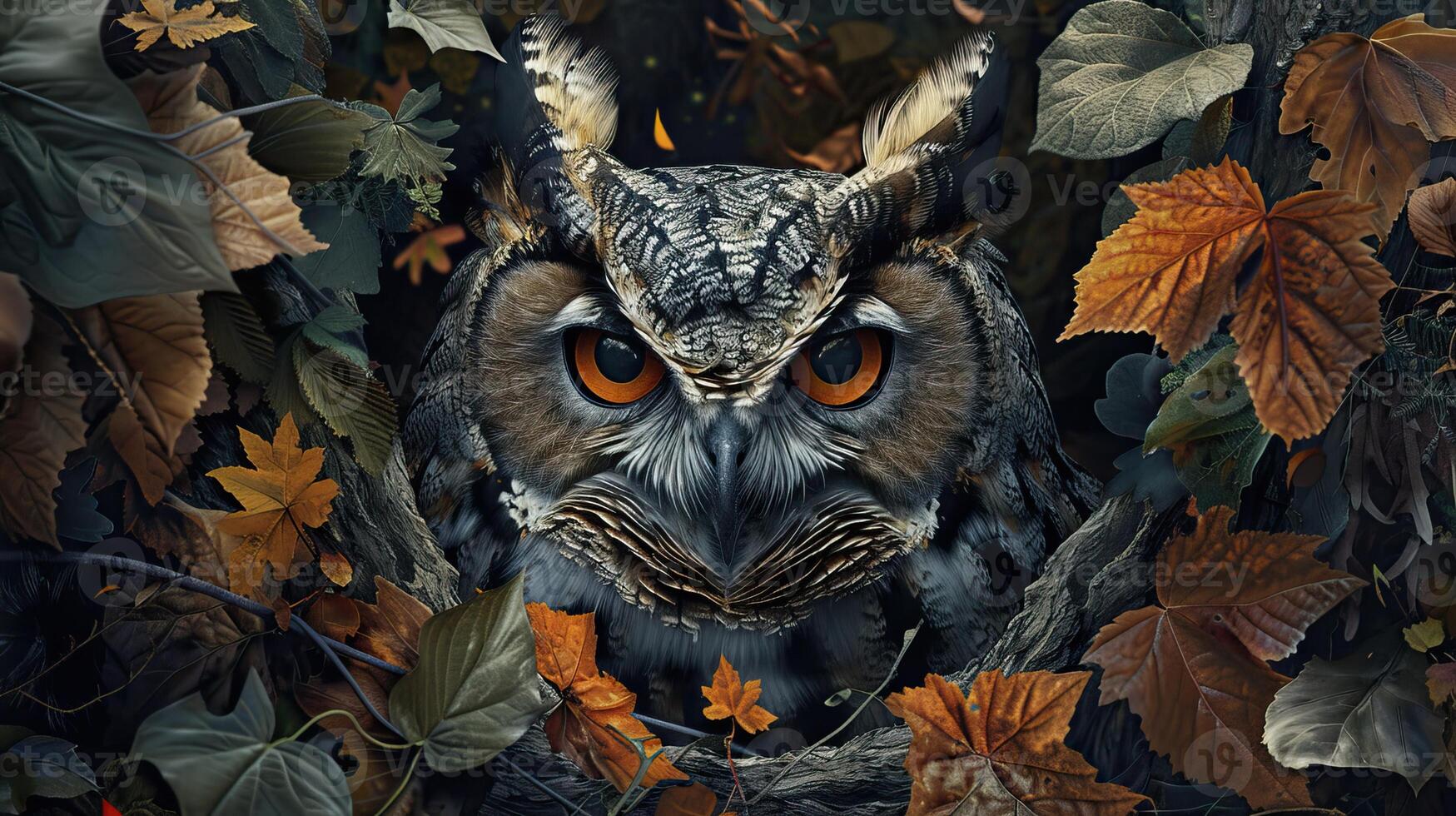 Close-up of a nocturnal owl with piercing eyes surrounded by autumn leaves, evoking a mysterious and enchanting forest atmosphere. photo