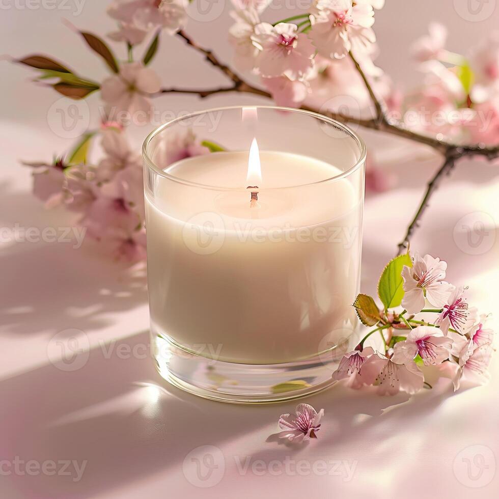 A lit candle in a glass jar with cherry blossoms in the background photo