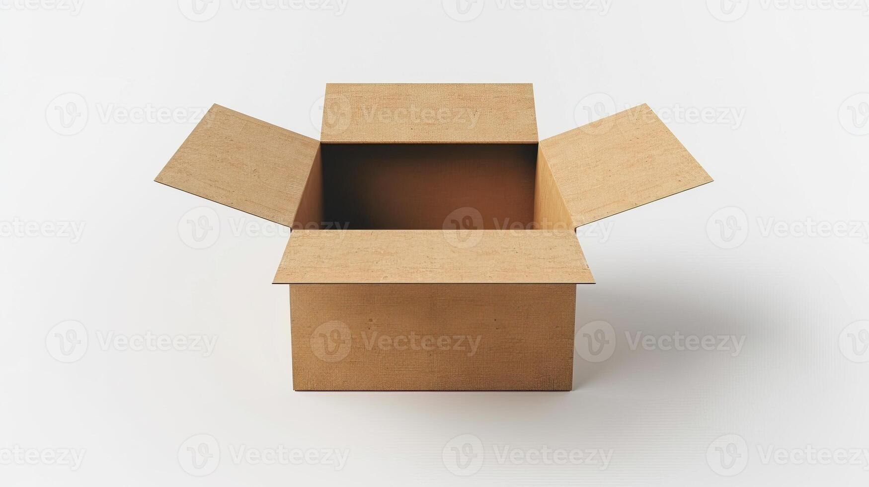 Open cardboard box isolated on a white background, showcasing packaging and shipping solutions with ample space inside. photo