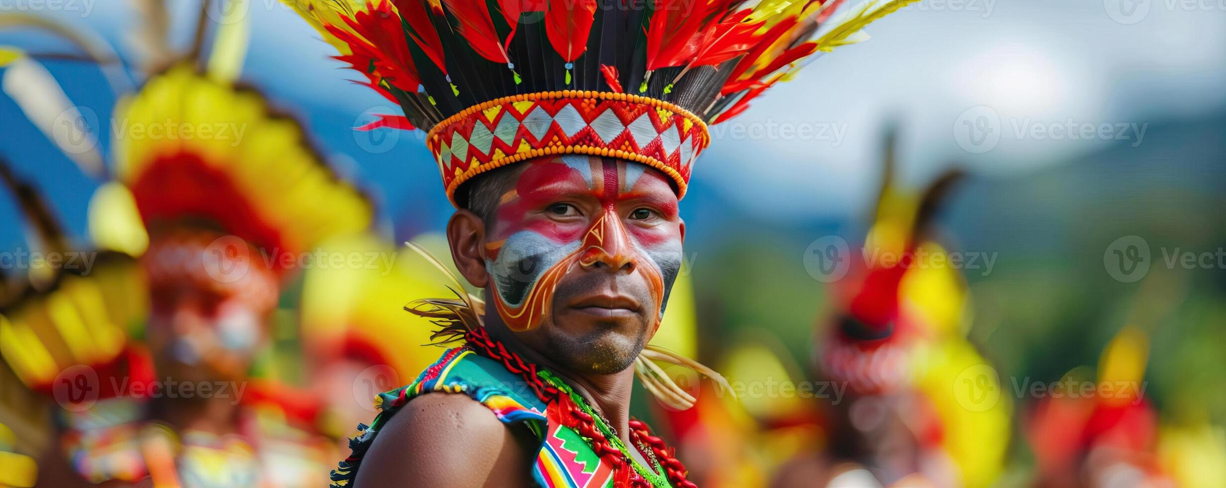 Indigenous dancers in vibrant costumes performing a traditional dance, cultural festival in a remote area, editorial photography, empty copy space on the right photo