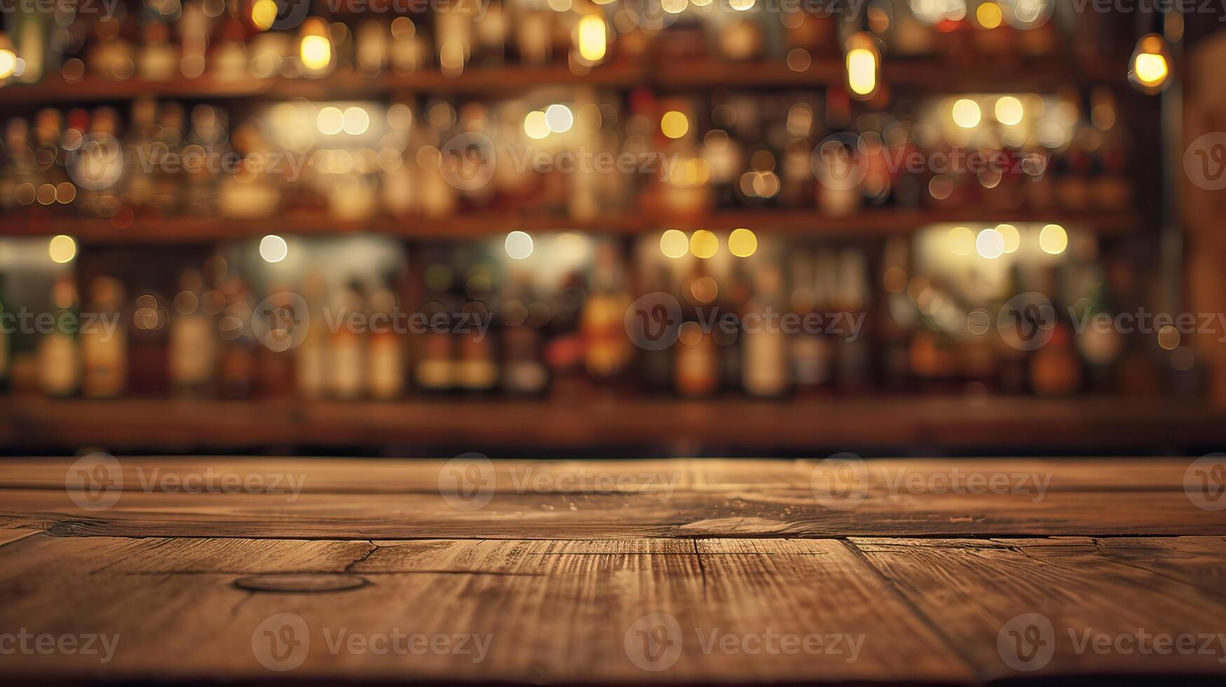 Cozy bar interior with wooden counter and shelves filled with bottles, creating a warm and inviting atmosphere. Perfect for nightlife scenes. photo