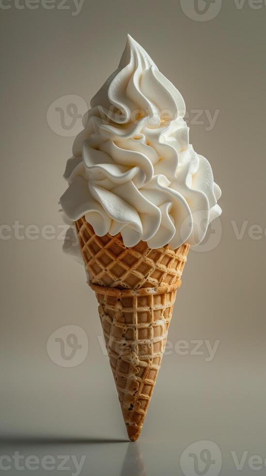 Close-up shot of a delicious vanilla soft serve ice cream cone with a golden waffle cone against a neutral background. photo