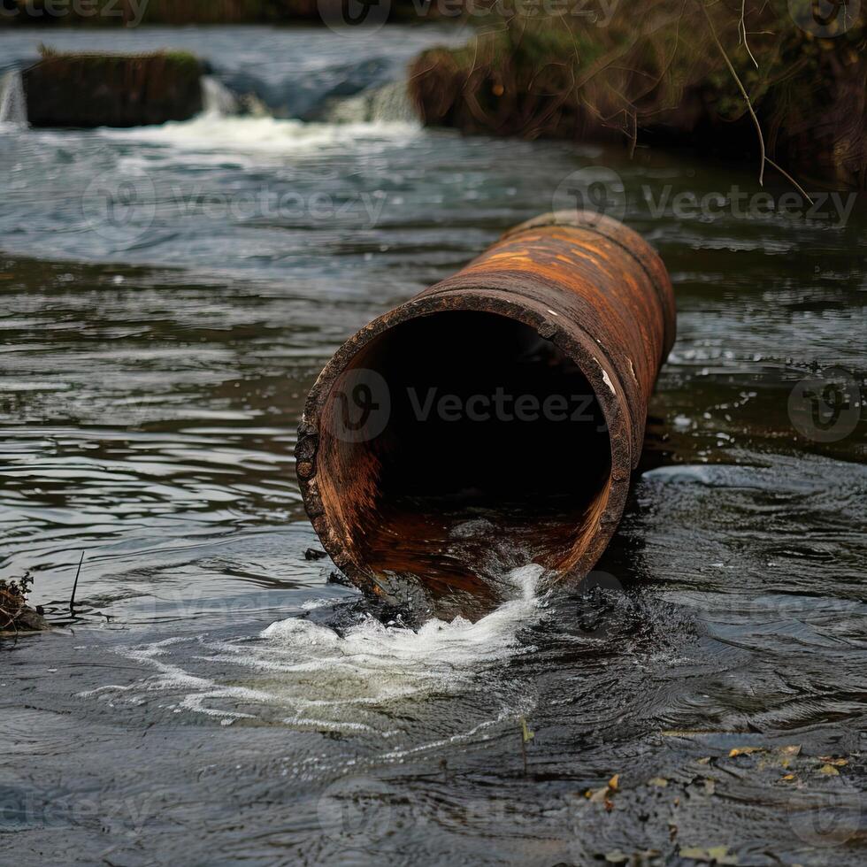 A rusty pipe is dumping toxic waste into a river, which is causing the water to become polluted and unsafe for drinking or swimming. photo