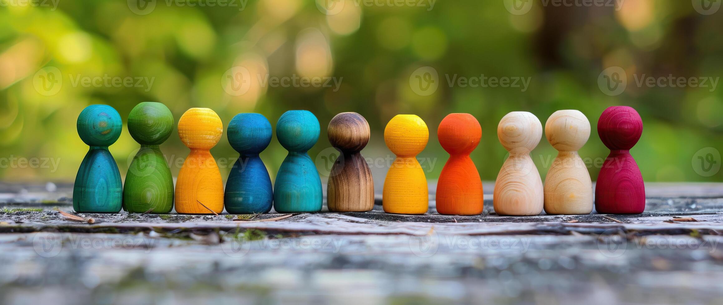 A group of colorful wooden peg dolls lined up on a wooden table against a blurred background of green leaves. photo