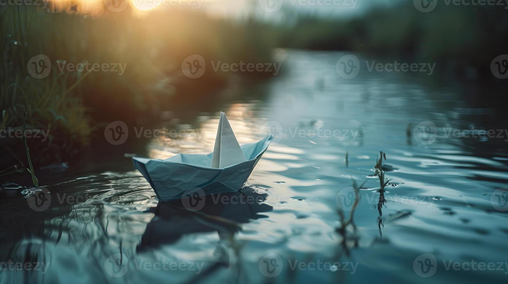 beautiful origami boat floating on a small river photo