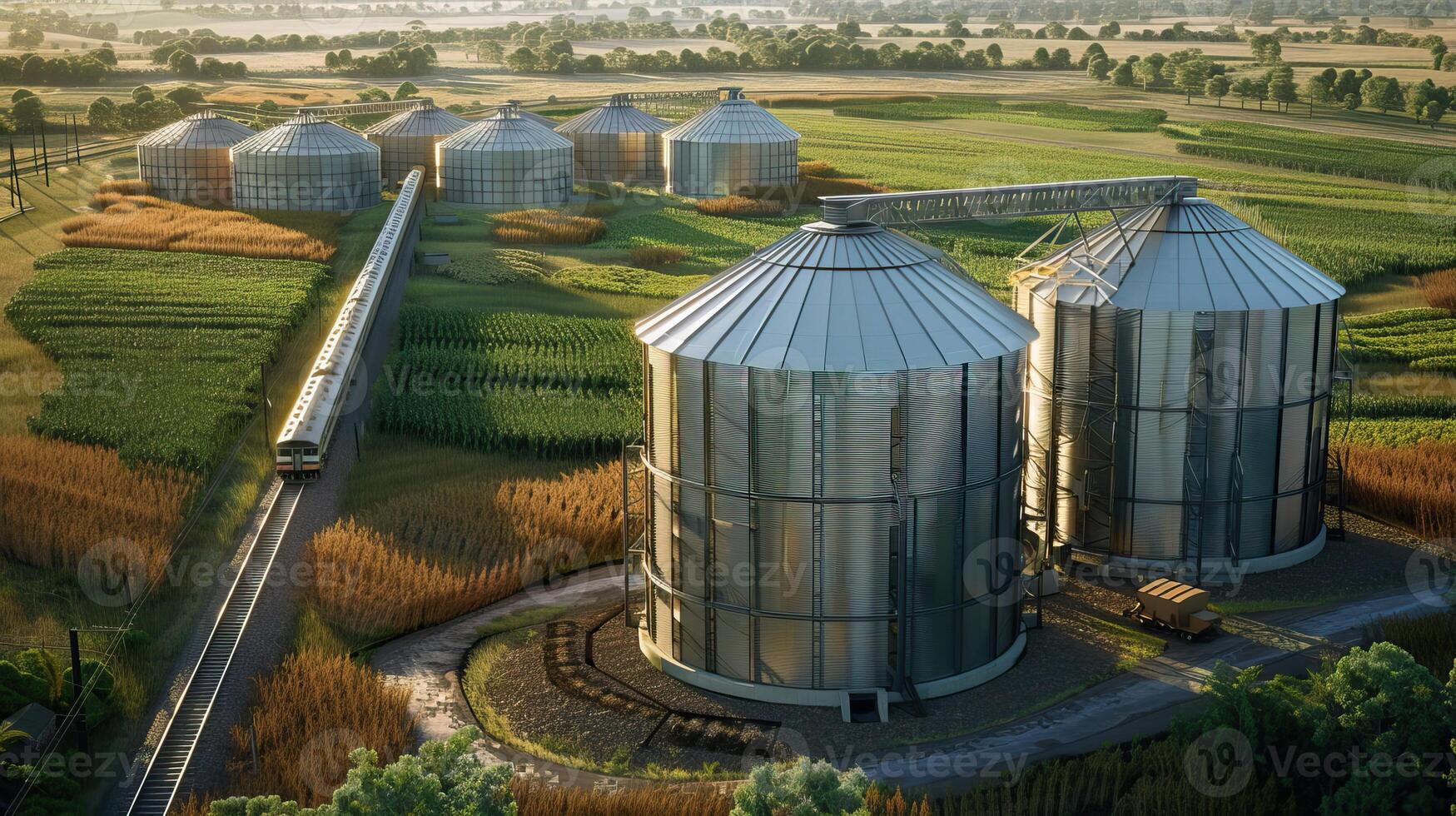 grain elevator, which is used to store and distribute grain. The grain elevator is located in a rural area, and is surrounded by fields of grain. photo