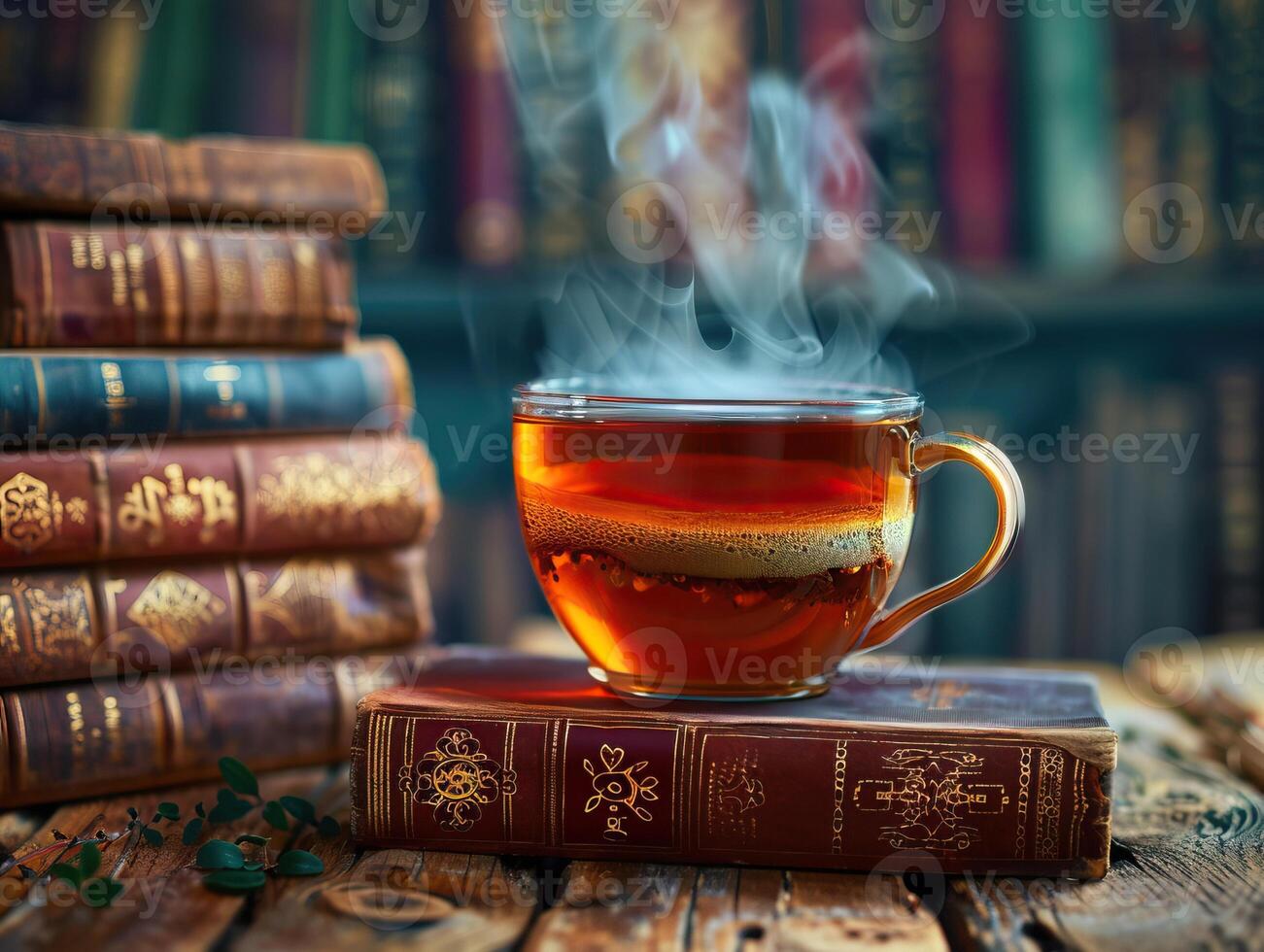 Steaming cup of tea on old books with shelves of antique books in the background, creating a cozy and vintage reading atmosphere. photo