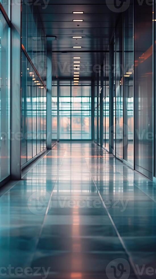 Modern, glass-walled corridor with reflective floor tiles and soft lighting, emphasizing sleek architecture and contemporary design. photo