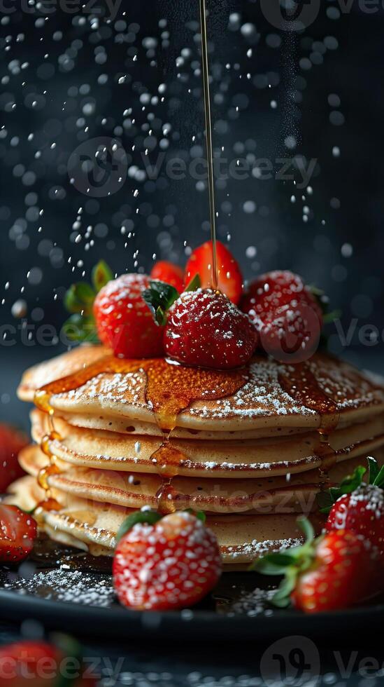A decadent stack of pancakes topped with fresh strawberries and drizzled in maple syrup. photo