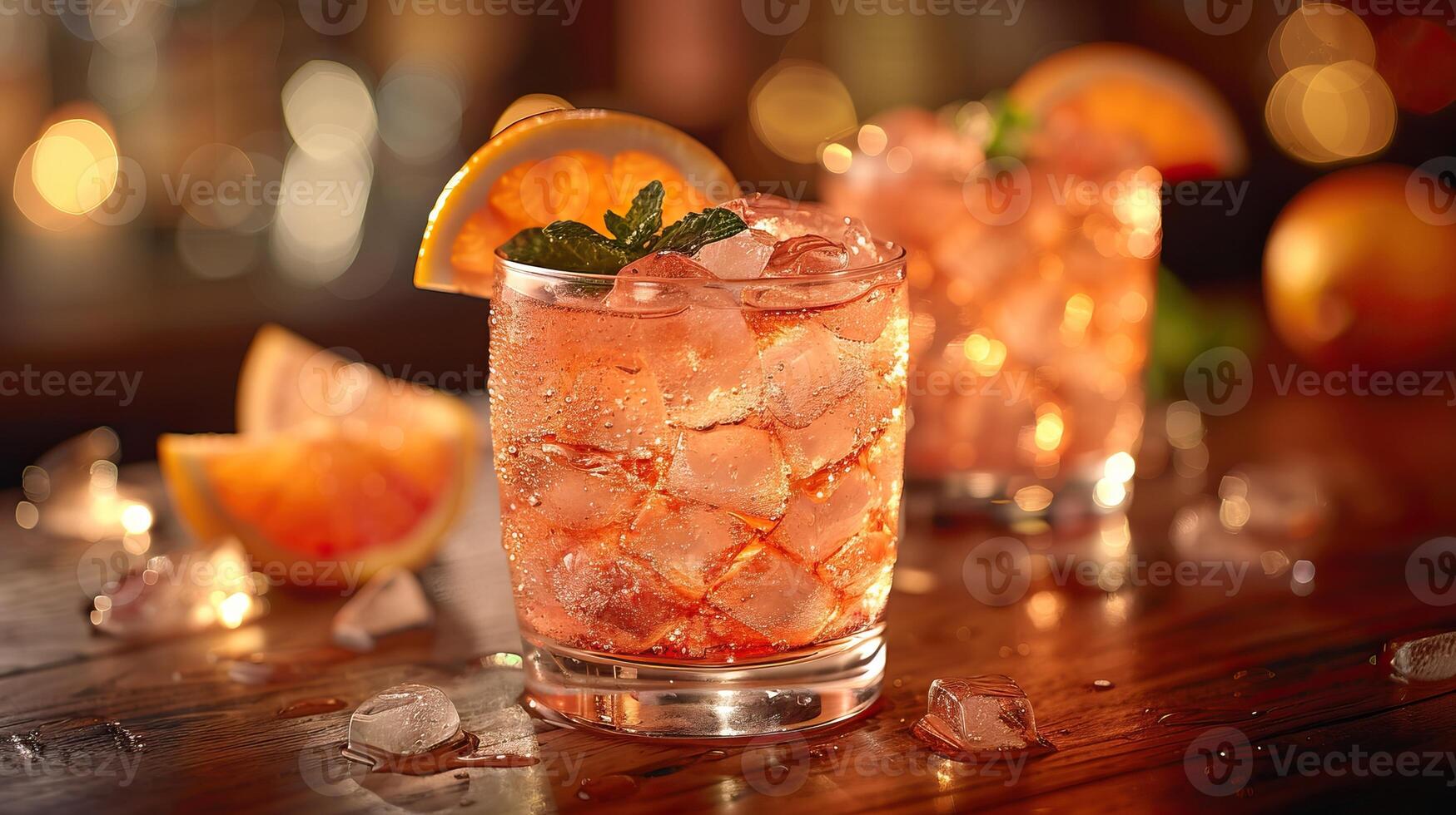 Refreshing summer cocktail with orange slices and ice cubes on a wooden table, perfect for a sunset drink. photo