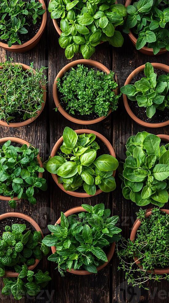 A variety of herbs and leafy greens in pots arranged around a weathered wooden surface, vibrant foliage contrasting with the rich, dark wood, fresh and inviting photo