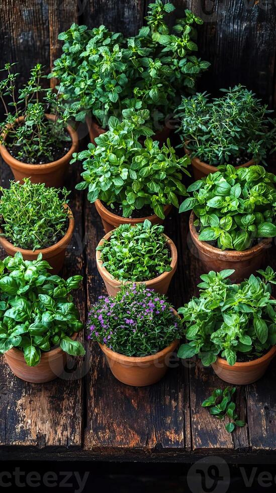 A variety of herbs and leafy greens in pots arranged around a weathered wooden surface, vibrant foliage contrasting with the rich, dark wood, fresh and inviting photo