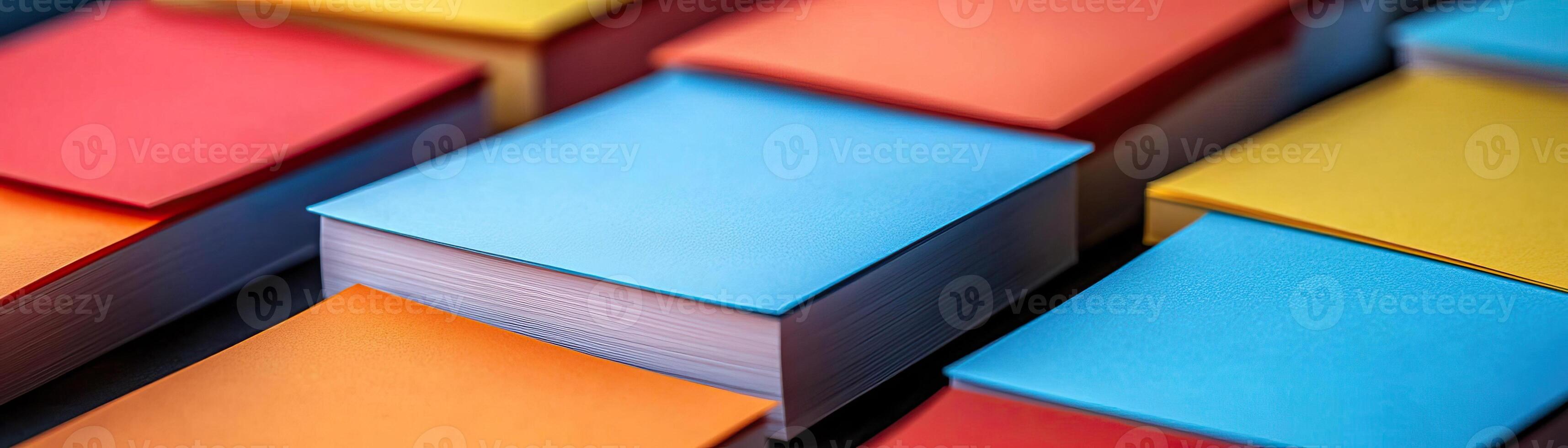 An array of blank sticky notes in bold colors like blue, red, orange, and yellow, stacked orderly, ready for notes or reminders, crisp and energetic photo