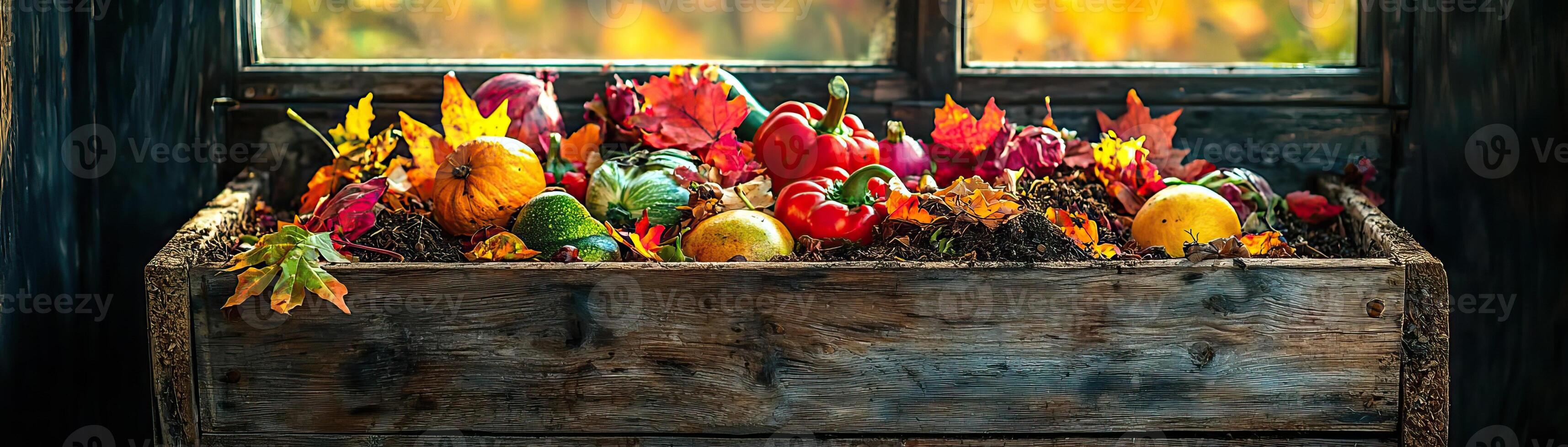 Autumn compost heap in a weathered wooden box, with brightly colored, decaying produce and leaves, sunlight highlighting the natural process, earthy and sustainable photo
