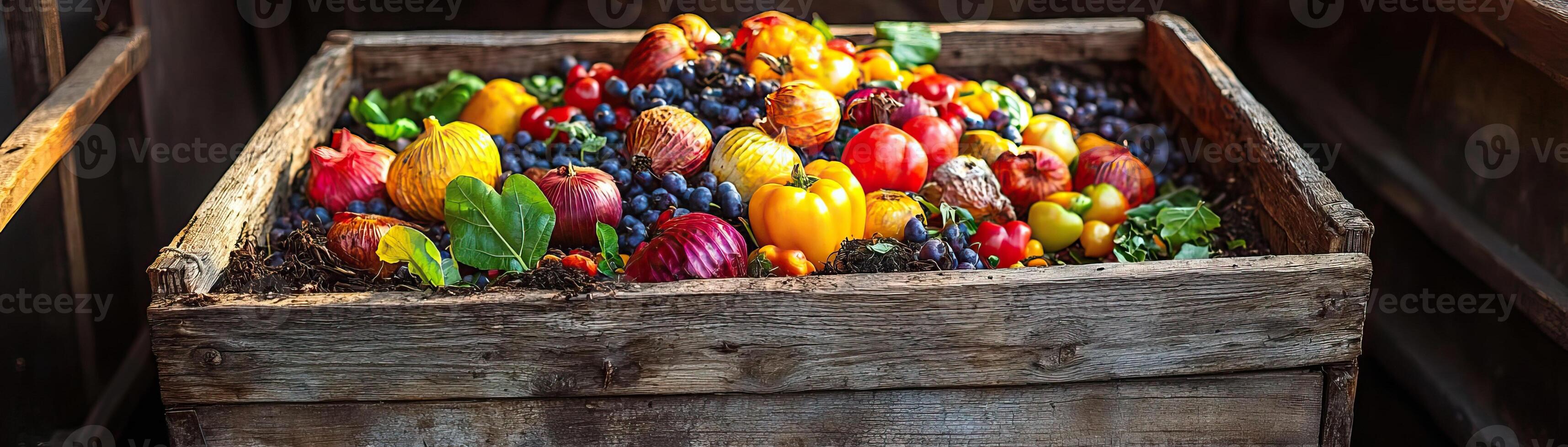 Autumn compost heap in a weathered wooden box, with brightly colored, decaying produce and leaves, sunlight highlighting the natural process, earthy and sustainable photo