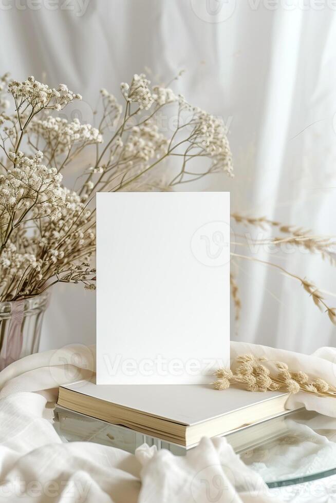 Elegant blank card on a stack of books with dried floral decor and white drapery background. Minimalist and aesthetic presentation. photo