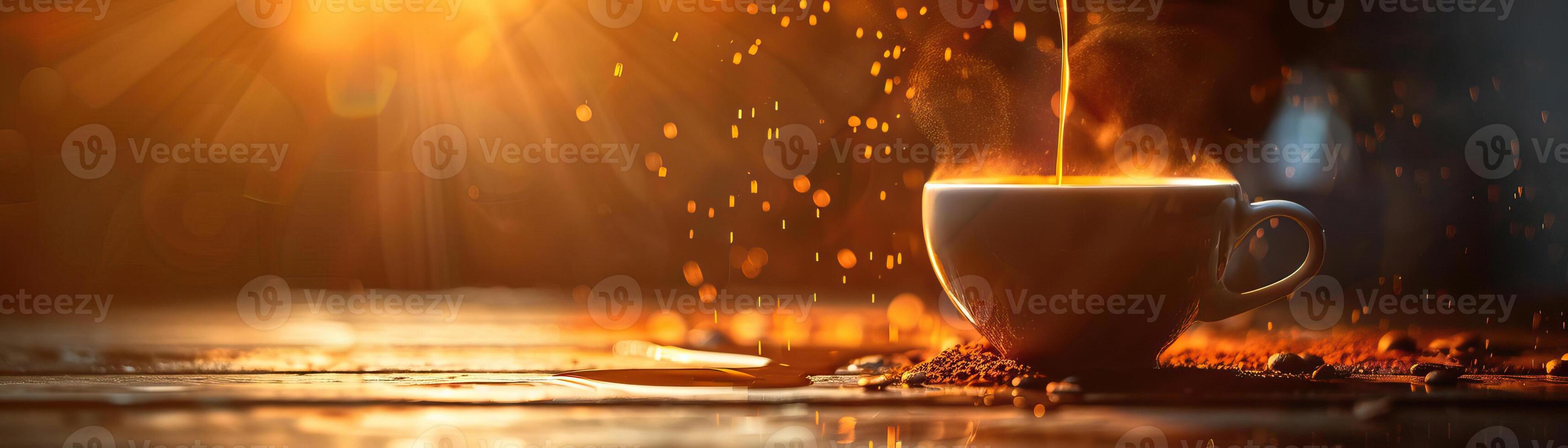 An elegant, dimly lit shot of a single coffee drip into a ceramic mug, the warm ambient light enhancing the intimacy of the moment, panoramic negative space above for minimalist te photo