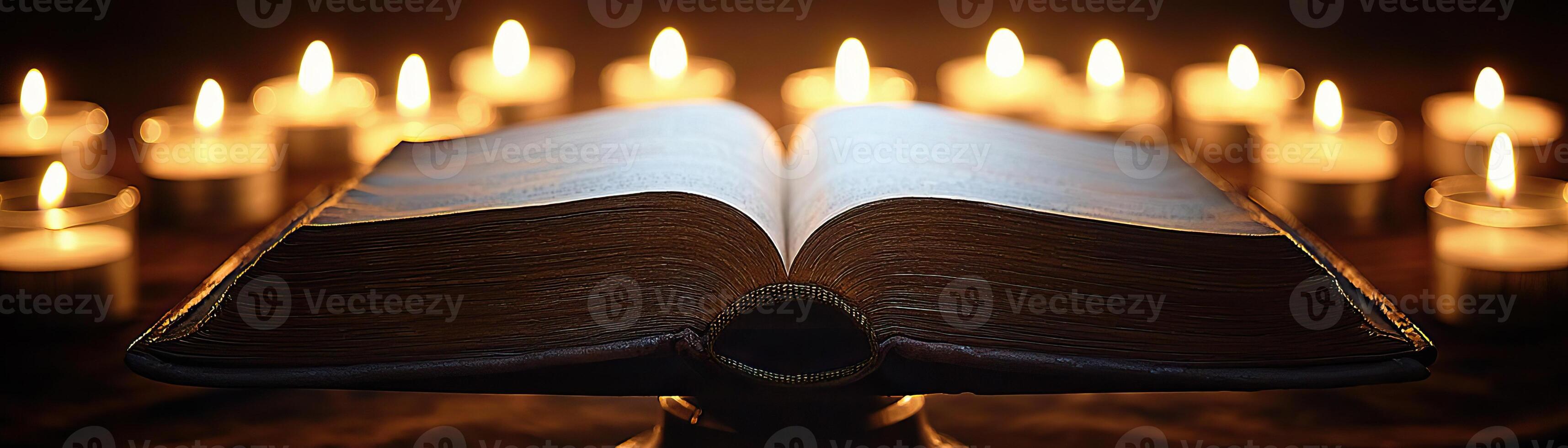 An ancient blank book open on a stand, illuminated by the soft, flickering light of surrounding candles, suggesting an aura of history and secrets, mystical and serene photo