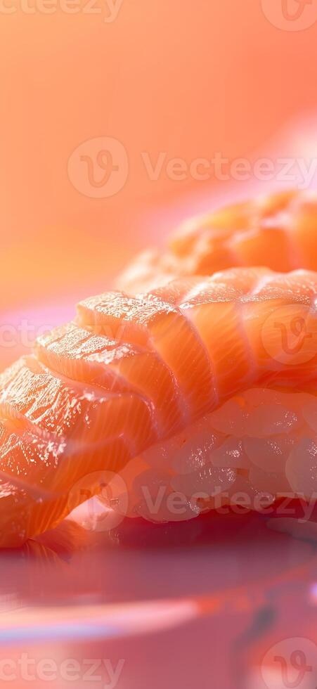Close-up of a delicious salmon nigiri sushi on a pink background, highlighting the freshness and vibrant colors of the seafood and rice. photo