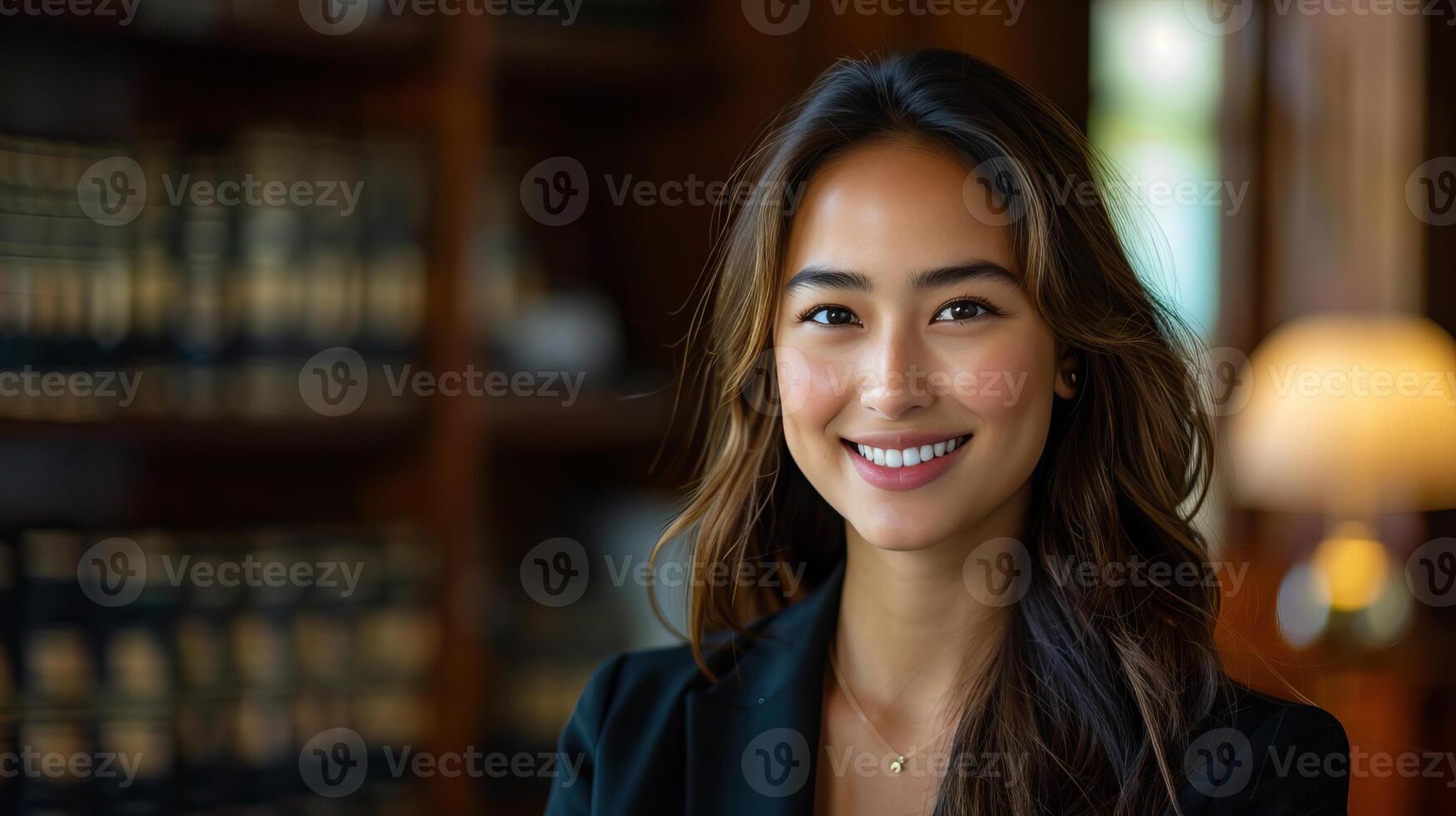A young Asian woman is smiling in a library. photo