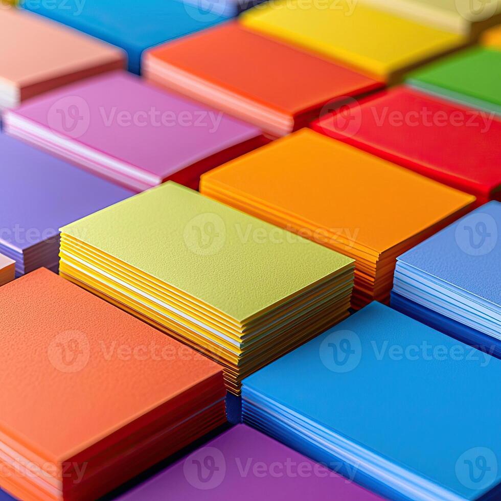 A collection of multicolored sticky note pads, with the edges perfectly aligned, creating a rainbow of potential ideas, vivid and inspiring photo