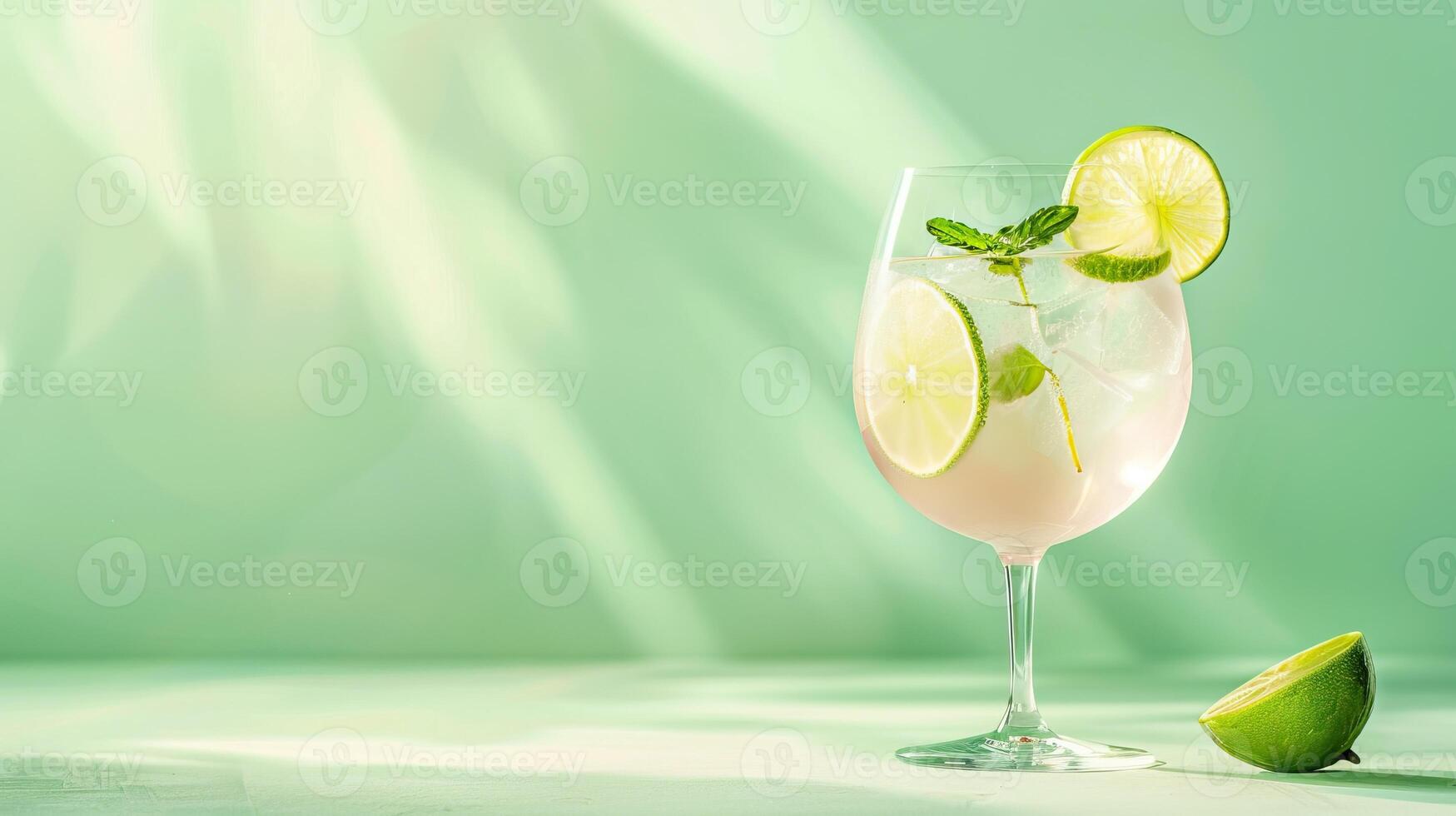 A refreshing gin cocktail with lime and mint on a green background. photo