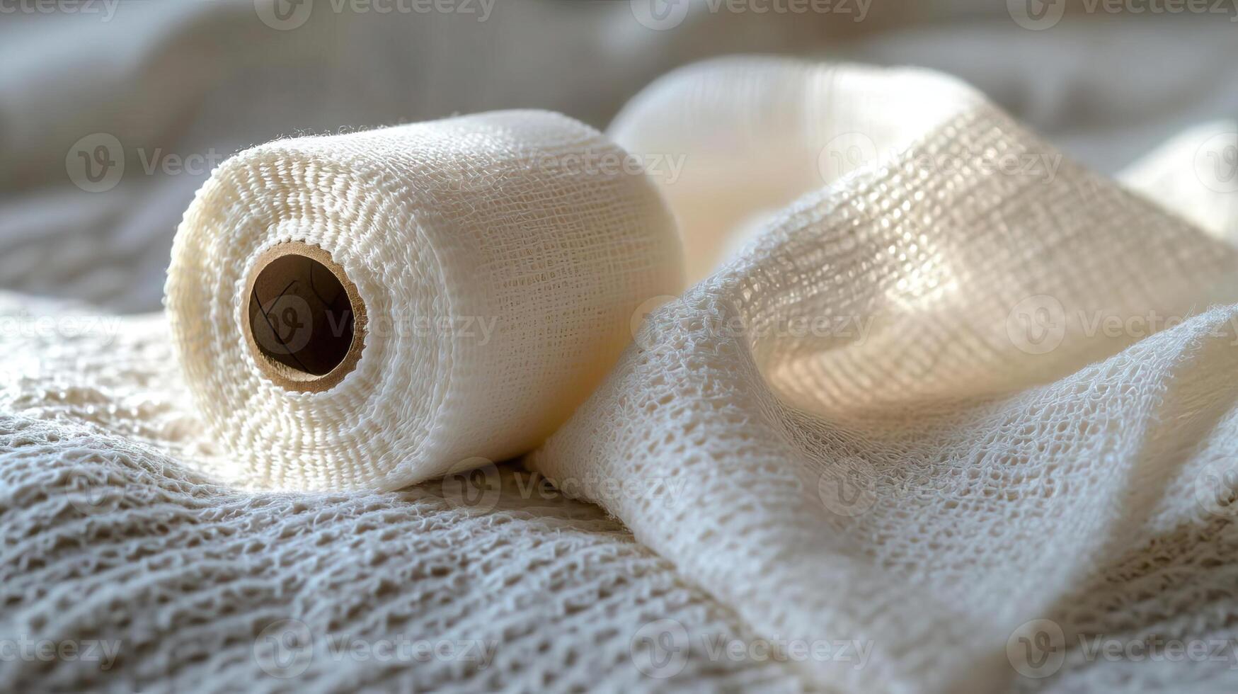 A roll of medical gauze resting on a textured cloth, with soft light casting gentle shadows, symbolizing care and healing, delicate and soothing photo