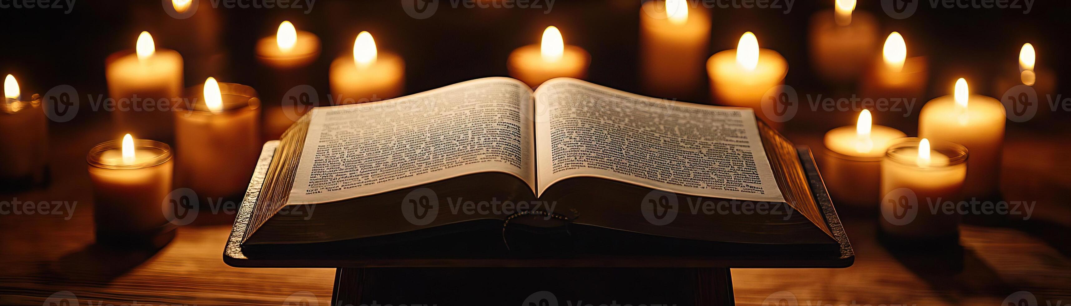 An ancient blank book open on a stand, illuminated by the soft, flickering light of surrounding candles, suggesting an aura of history and secrets, mystical and serene photo