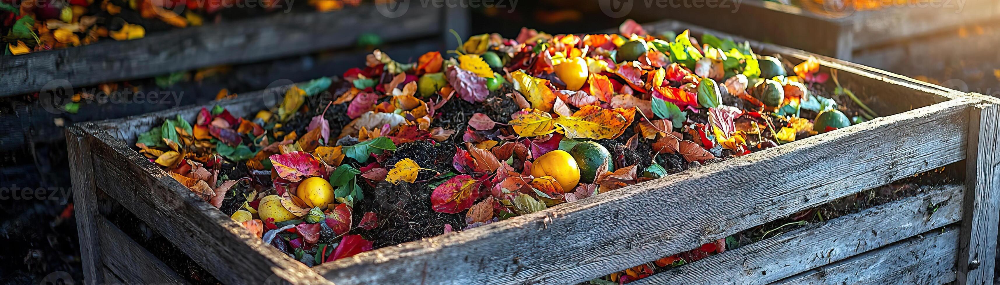 Autumn compost heap in a weathered wooden box, with brightly colored, decaying produce and leaves, sunlight highlighting the natural process, earthy and sustainable photo