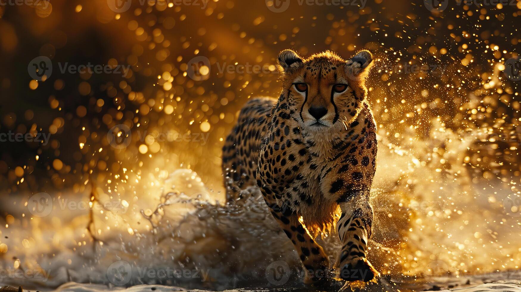 Majestic cheetah running through water with golden light and splashes, showcasing speed and power in nature's beauty. photo