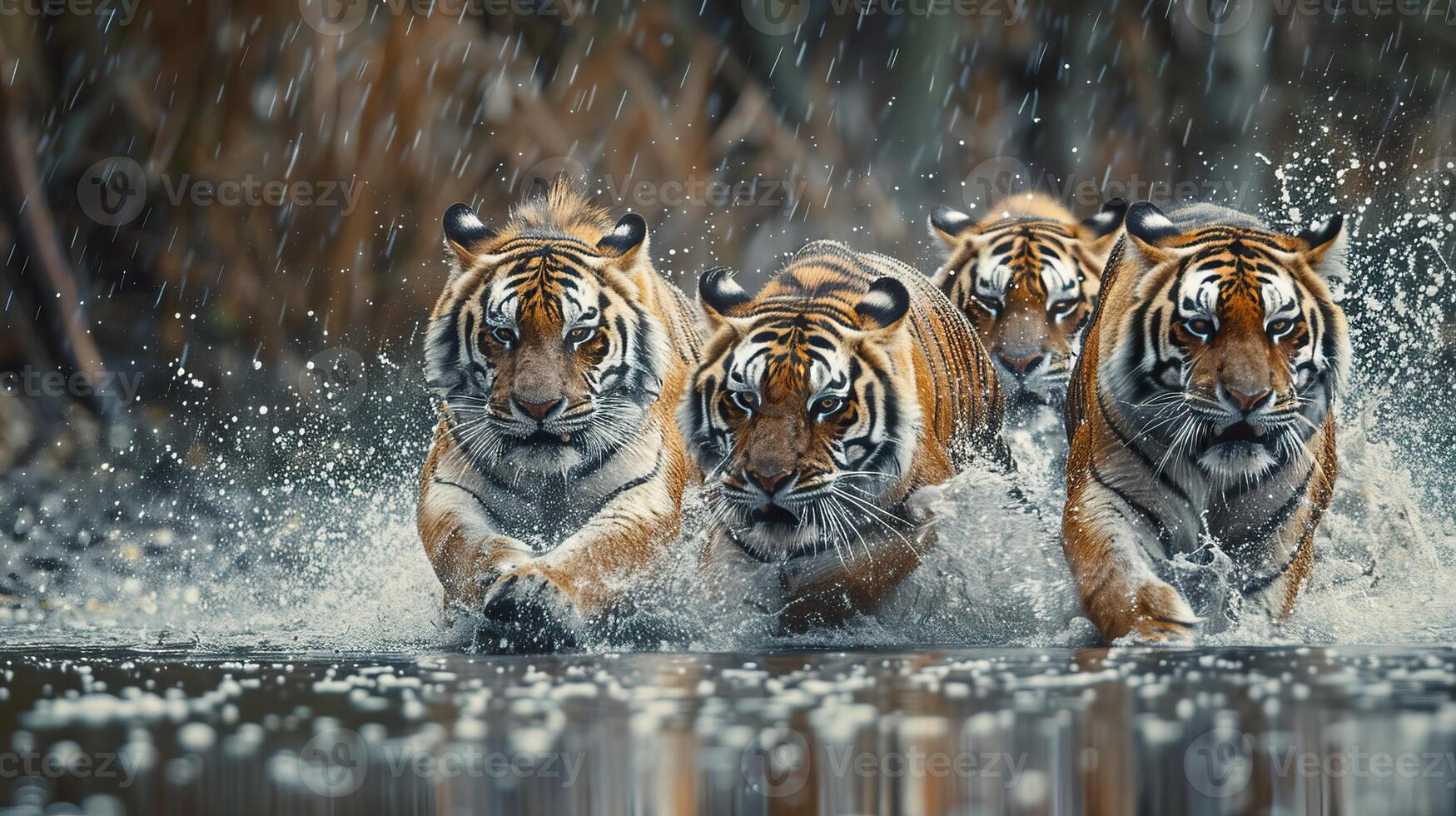 Four tigers running through water in unison, showcasing their power and grace in a natural, wild setting. photo