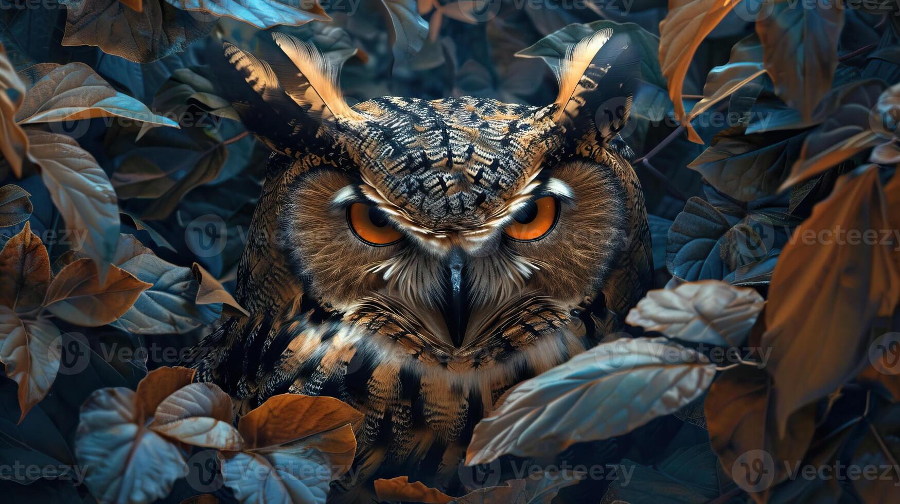 Close-up of a majestic owl with piercing eyes, surrounded by autumn leaves in a natural forest setting. Perfect for wildlife and nature themes. photo