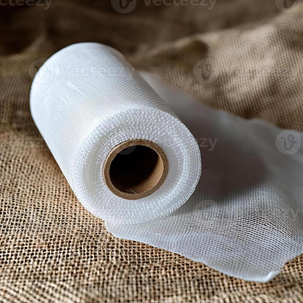 A roll of white gauze partially unrolled on a burlap cloth, the texture and lighting highlighting the softness and utility, comforting and reassuring photo