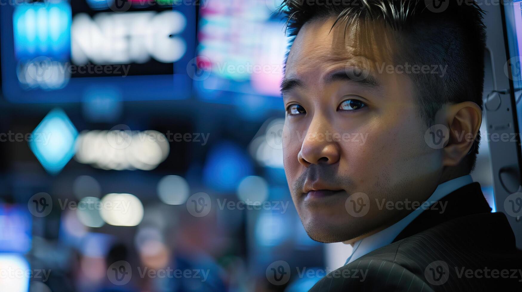 A young Asian American professional looking at the stock market photo