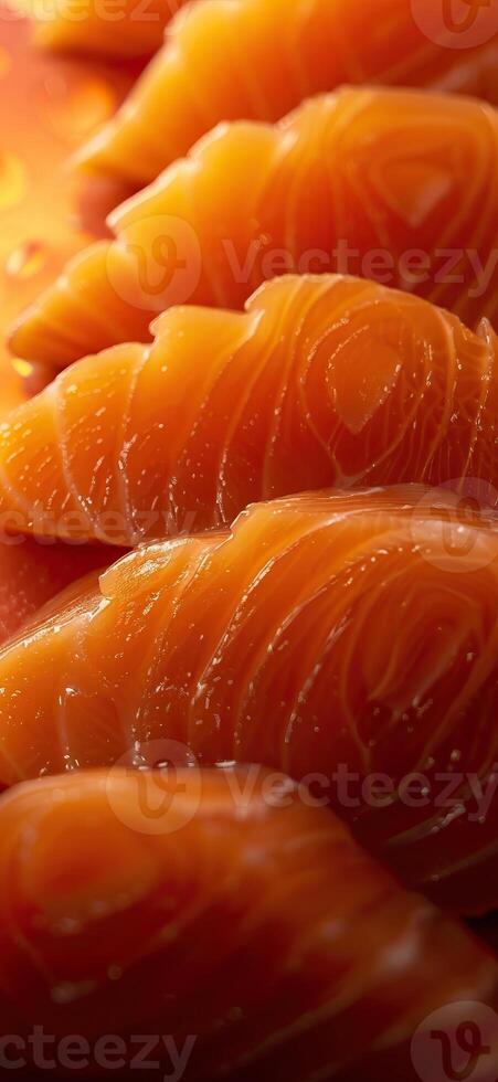 Close-up of freshly sliced salmon sashimi with rich colors and intricate textures, perfect for culinary and food presentations. photo