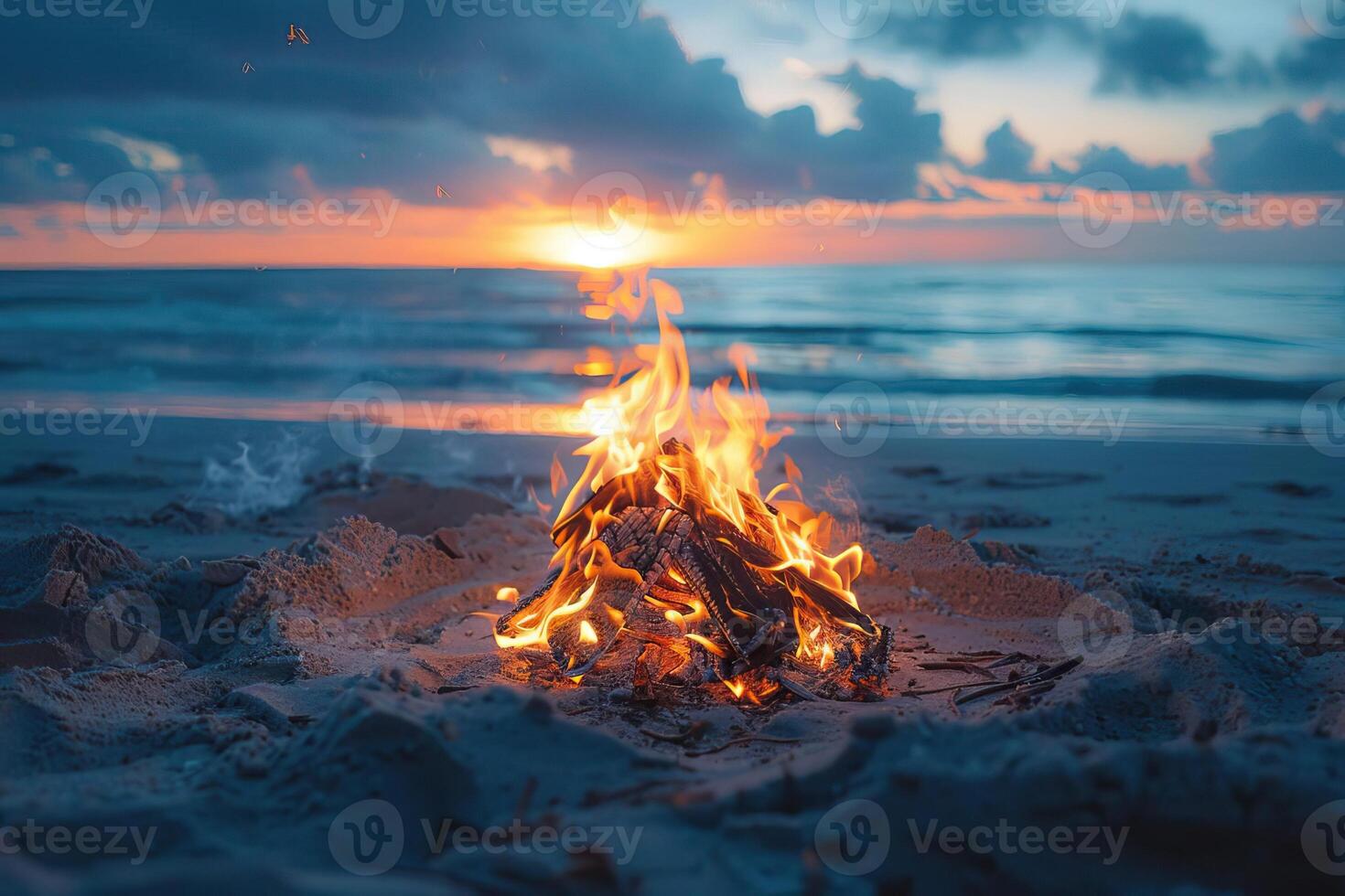 4K photo of a bonfire on a tranquil beach, ideal for editorial and commercial banners, with plenty of copy space, detailed sand and fire, warm and inviting mood