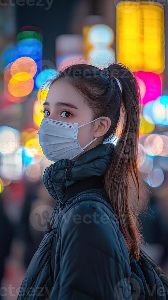 A young woman with a ponytail, wearing a mask in a busy city street, the background softly blurred with vibrant evening lights, modern and contemplative photo