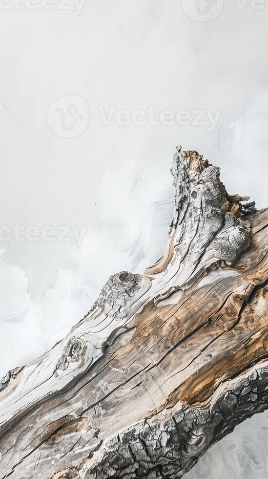 Closeup of a white color 5x7 inches greeting card on log, white background, boho style photo