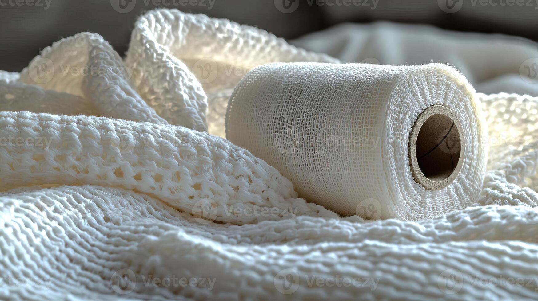 A roll of medical gauze resting on a textured cloth, with soft light casting gentle shadows, symbolizing care and healing, delicate and soothing photo