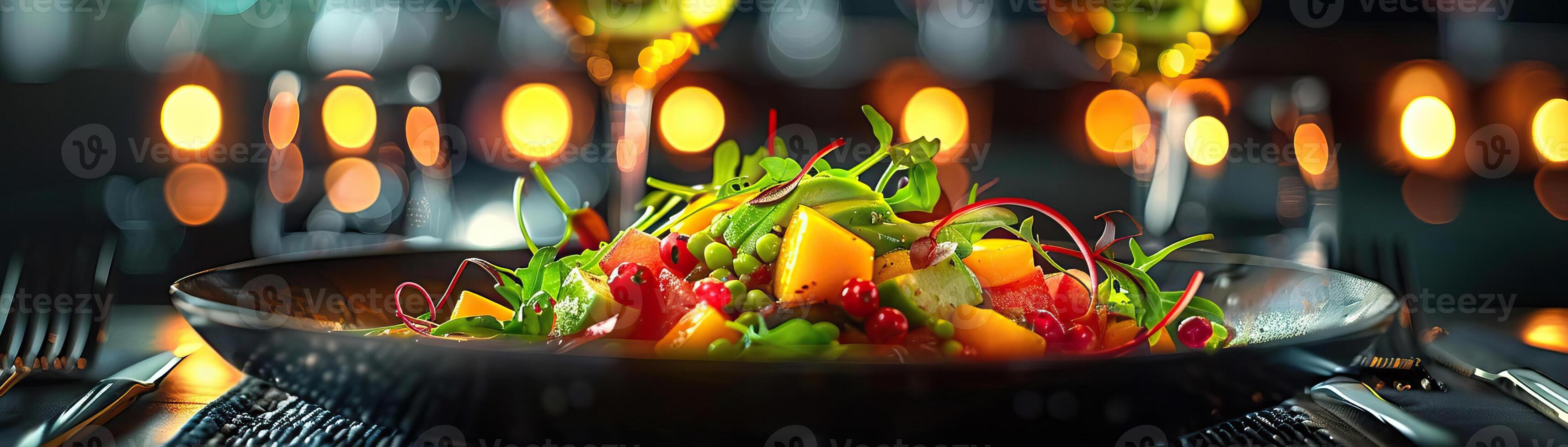 An elegant, dimly lit shot of a fine dining salad course, exotic ingredients like avocado and mango included, the warm ambient light enhancing the plating, panoramic negative space photo
