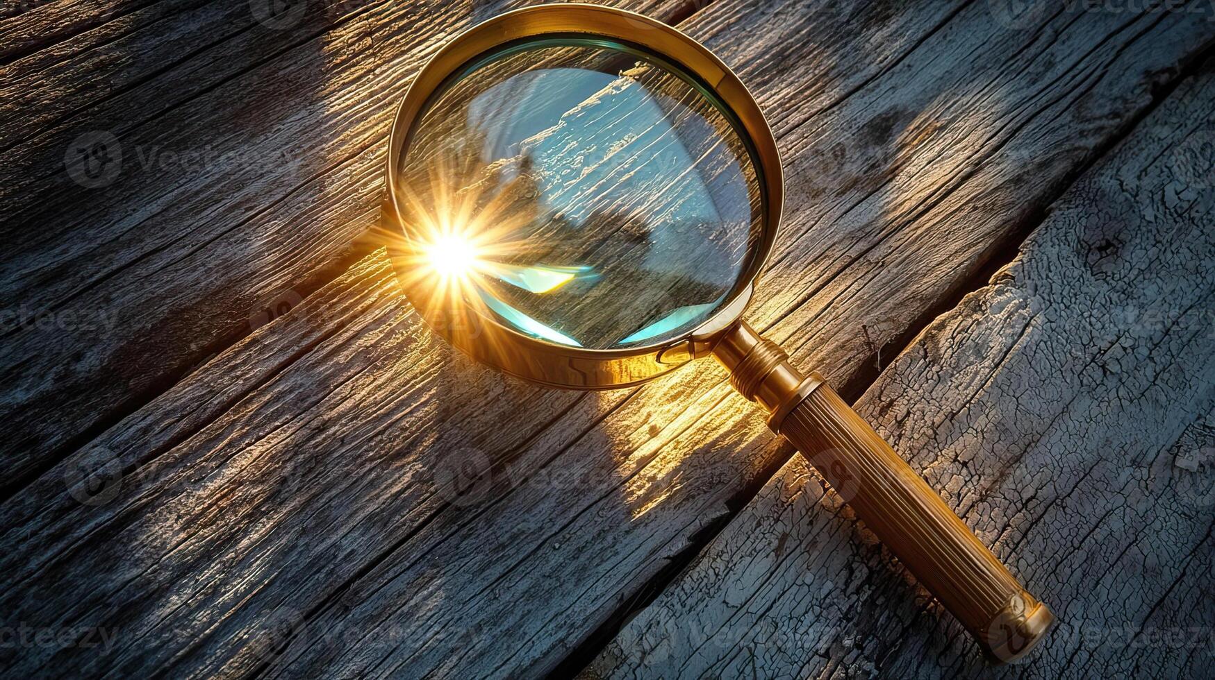 A vintage magnifying glass lying on a rustic wooden surface, sunlight casting warm, golden hues through the glass, evoking curiosity and discovery, detailed and mysterious photo
